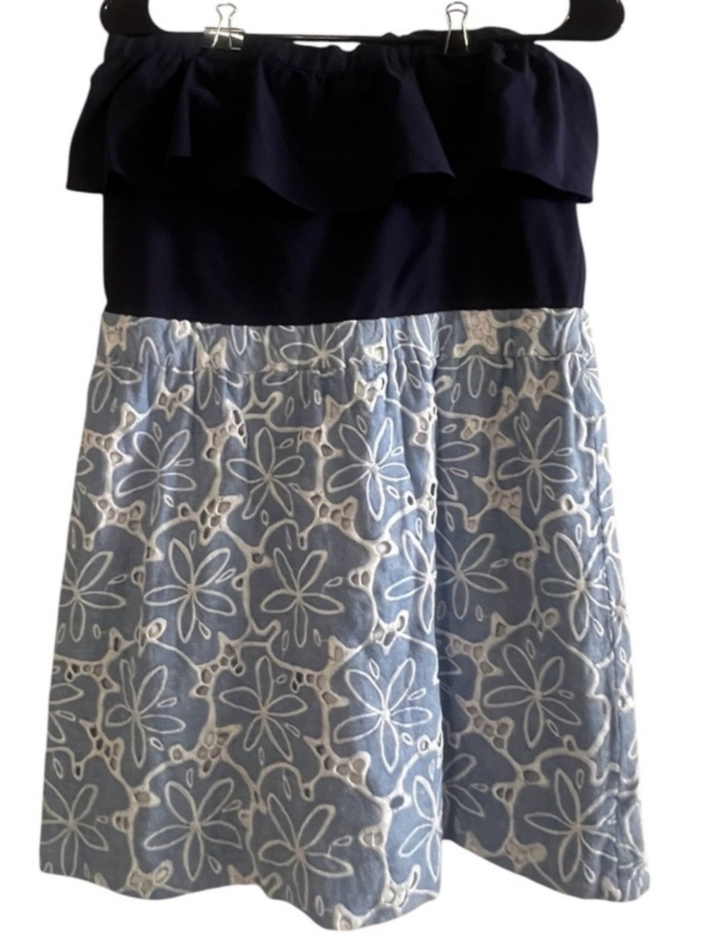 Lilly Pulitzer Navy Ruffle Bodice with Light Blue Floral Dress - Woman’s Size L
